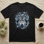 Black t-shirt with a wolf head wearing headphones design.