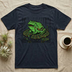 Navy t-shirt featuring a green frog on a lily pad in the rain.