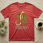 Red t-shirt with crested gecko and leaf graphic and text "CRESTED GECKO The Eyelash Wonder".