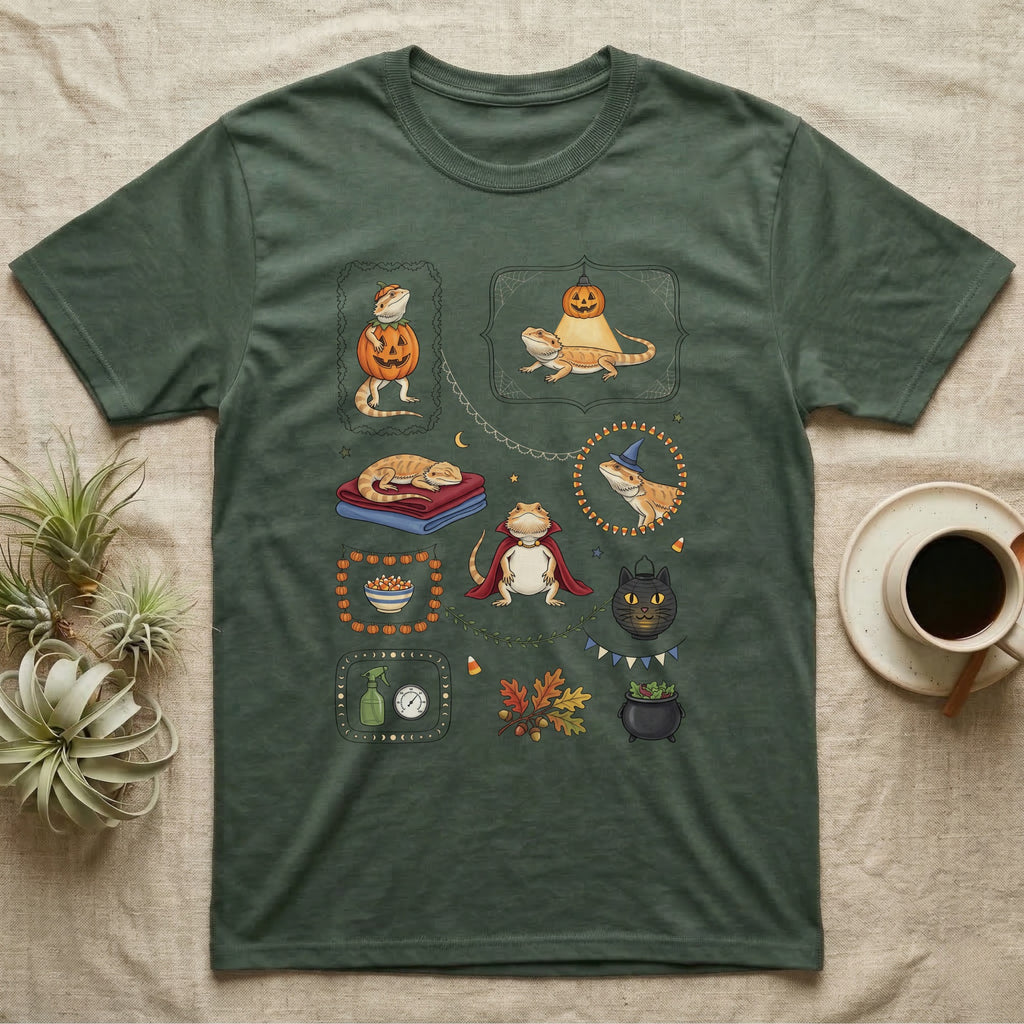 Bearded Dragon Halloween Sampler T-Shirt in Military Green — Gouache sampler of ten bearded dragon Halloween vignettes — pumpkin costume, witch hat, red cape — on dark charcoal.