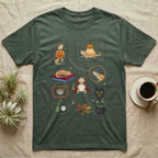 Bearded Dragon Halloween Sampler T-Shirt in Military Green — Gouache sampler of ten bearded dragon Halloween vignettes — pumpkin costume, witch hat, red cape — on dark charcoal.