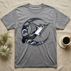 Grey t-shirt with a flying sugar glider on a crescent moon.