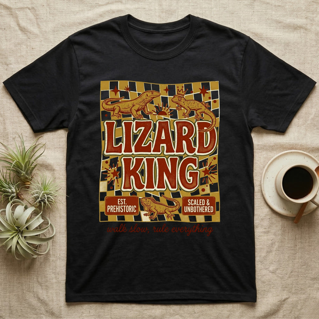 Black t-shirt with "Lizard King" text and two lizards, "Walk slow, rule everything."