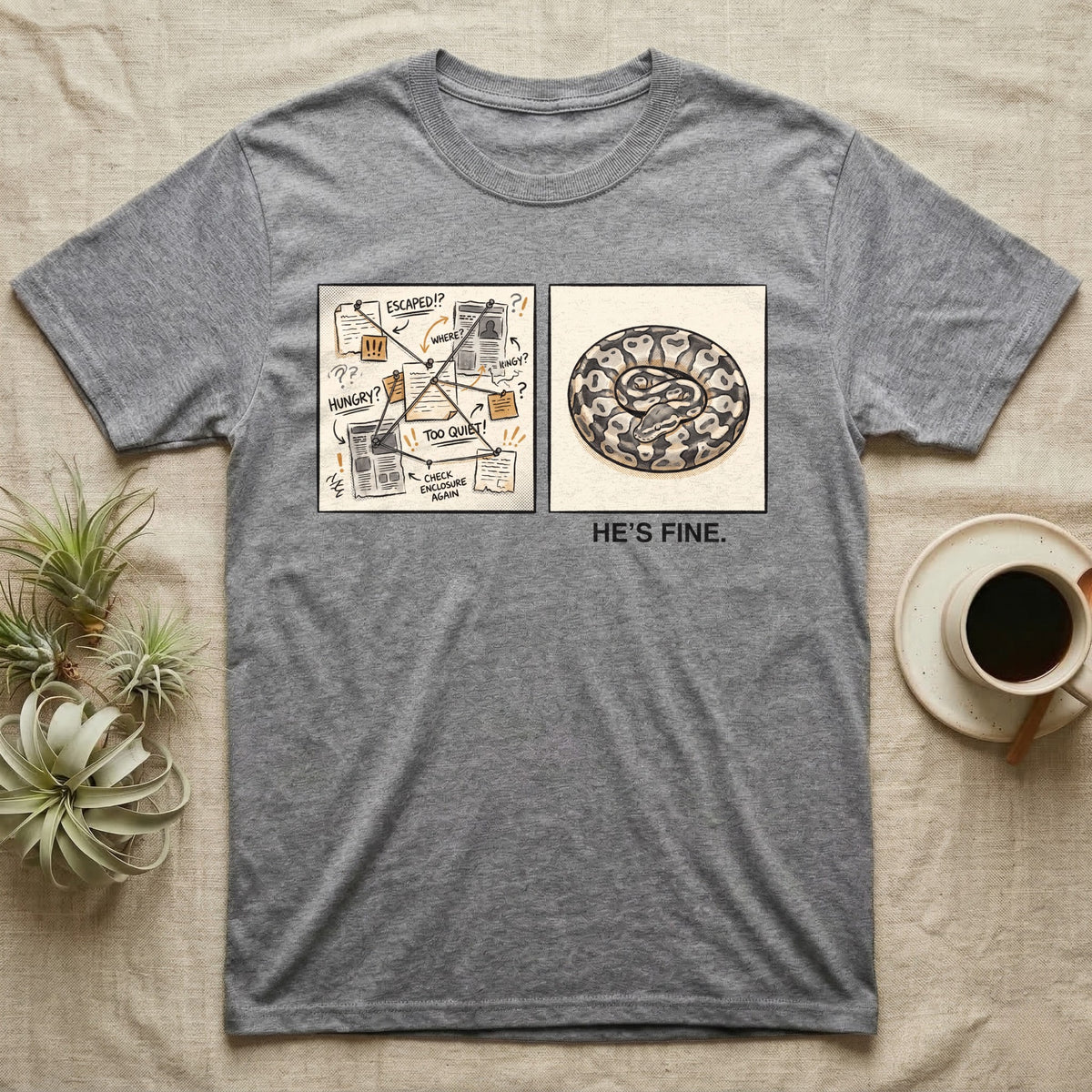 He's Fine Ball Python T-Shirt in Sport Grey — Two-panel illustration of a frantic conspiracy board beside a serene coiled ball python captioned "He's Fine."