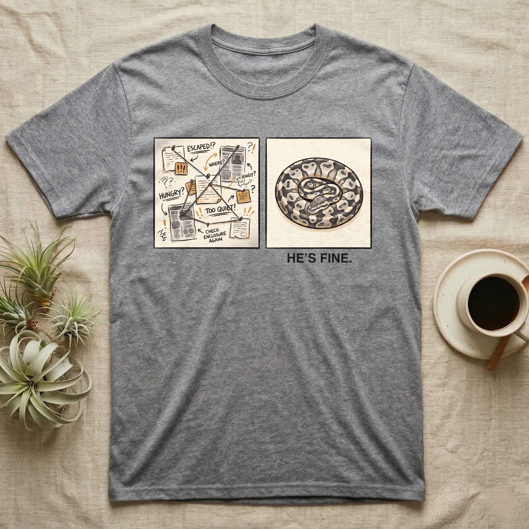 He's Fine Ball Python T-Shirt in Sport Grey — Two-panel illustration of a frantic conspiracy board beside a serene coiled ball python captioned "He's Fine."