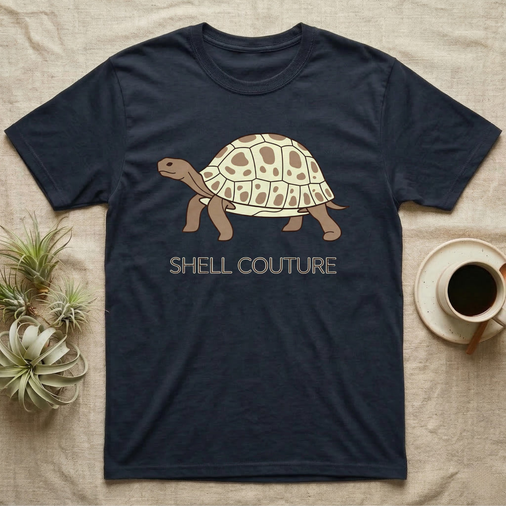 Dark blue t-shirt with a cartoon tortoise and "SHELL COUTURE" text.
