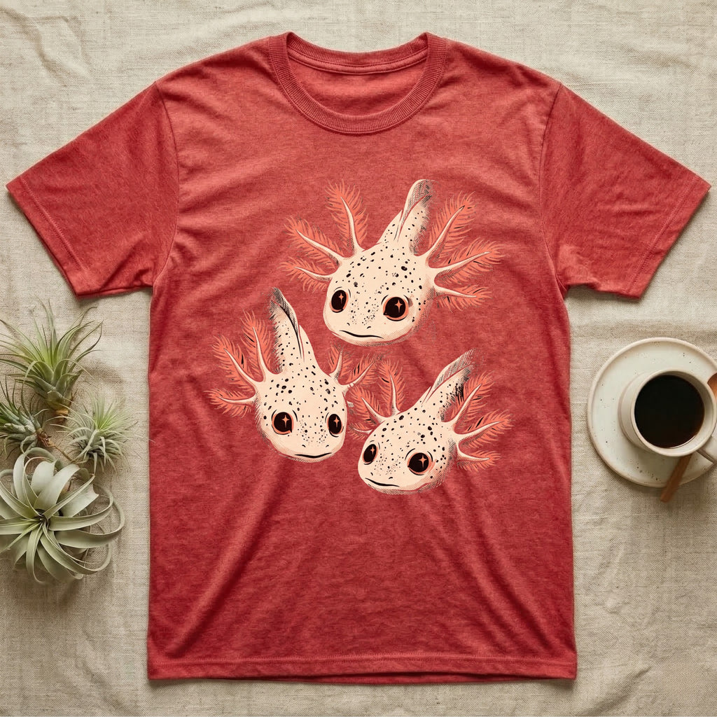 Vintage comic screen-print illustration of three axolotls clustered together with coral feathery gills and sparkling star-highlighted eyes, graphic-only, no text. — shown on a Heather Red tee.
