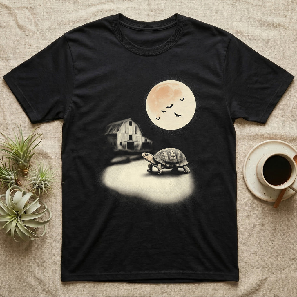 Box Turtle Moonlight T-Shirt in Black — An eastern box turtle mid-step across a moonlit yard, a derelict barn behind it and a large cream moon high right.