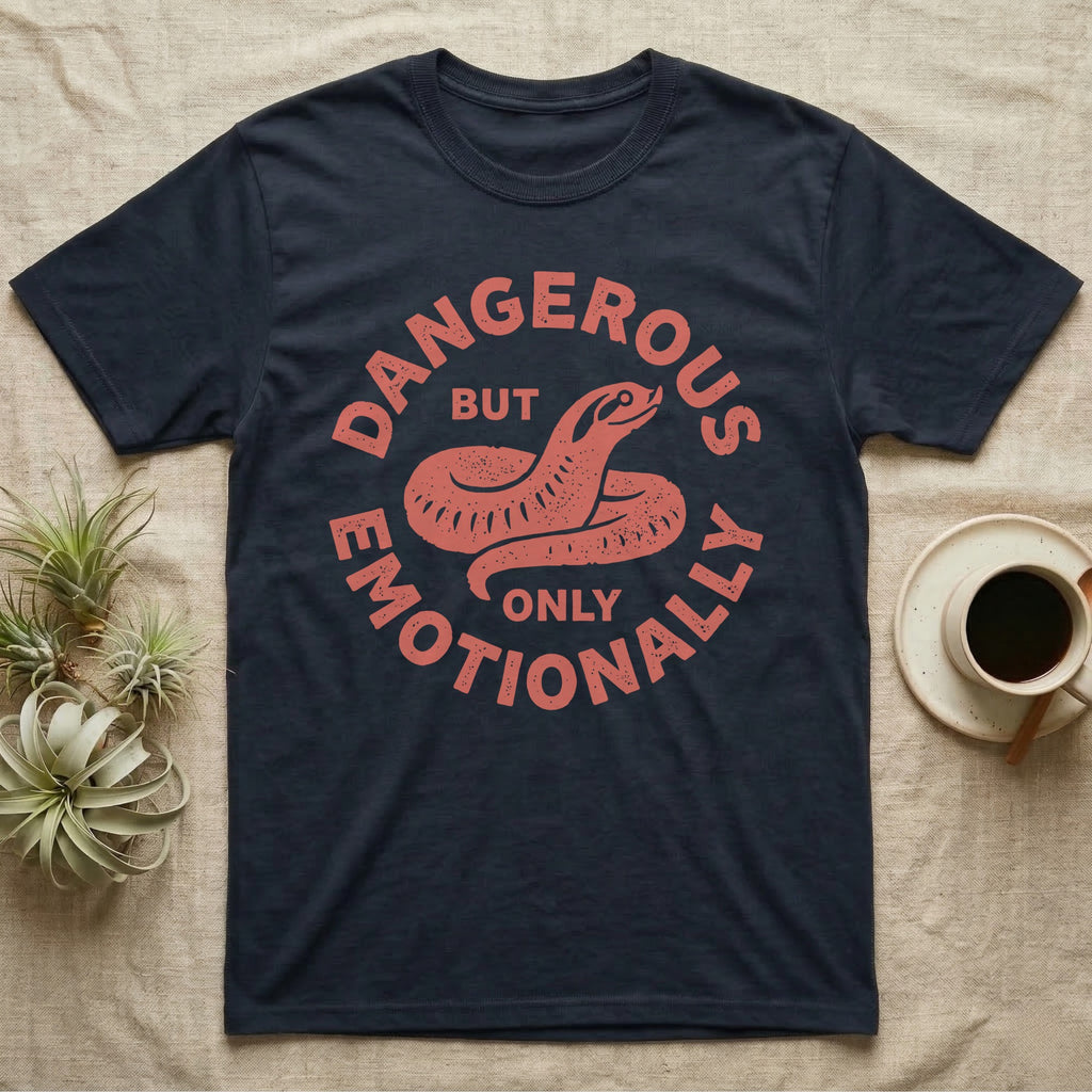 Hognose Snake Emotionally Dangerous T-Shirt in Navy — Block-print western hognose snake reared in one terracotta ink, ringed by the words DANGEROUS BUT ONLY EMOTIONALLY.