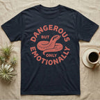 Hognose Snake Emotionally Dangerous T-Shirt in Navy — Block-print western hognose snake reared in one terracotta ink, ringed by the words DANGEROUS BUT ONLY EMOTIONALLY.