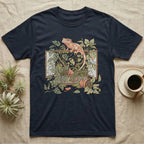 Bioactive Crested Gecko T-Shirt in Navy — Botanical illustration of a smug crested gecko perched atop a lush overgrown planted vivarium spilling vines.