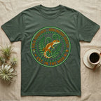 Green t-shirt with round "Goblin Grotto Society EST. IN THE MUD" logo featuring a gecko.