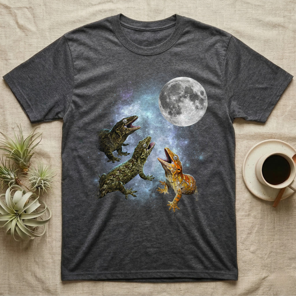 Leachianus Gecko Moon Howl T-Shirt in Dark Heather — Three Leachianus Gecko colour morphs howling at a full moon over a nebula on a dark grey t-shirt.