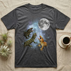 Leachianus Gecko Moon Howl T-Shirt in Dark Heather — Three Leachianus Gecko colour morphs howling at a full moon over a nebula on a dark grey t-shirt.