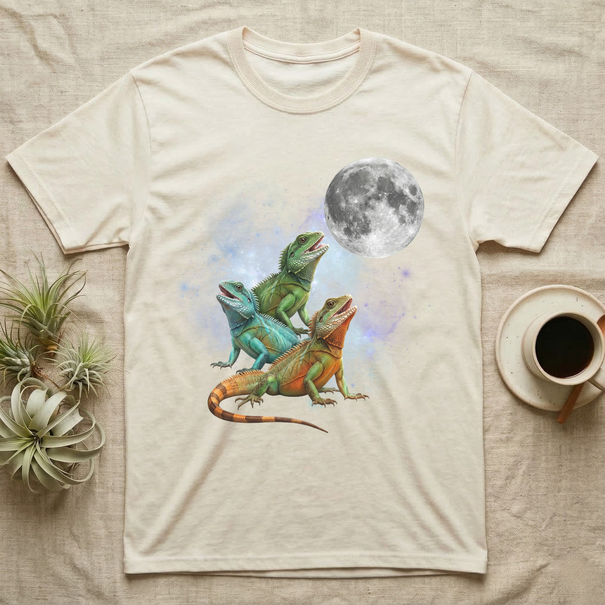 Chinese Water Dragon Moon Howl T-Shirt in Natural — Three Chinese Water Dragon colour morphs howling at a full moon over a nebula on a dark grey t-shirt.