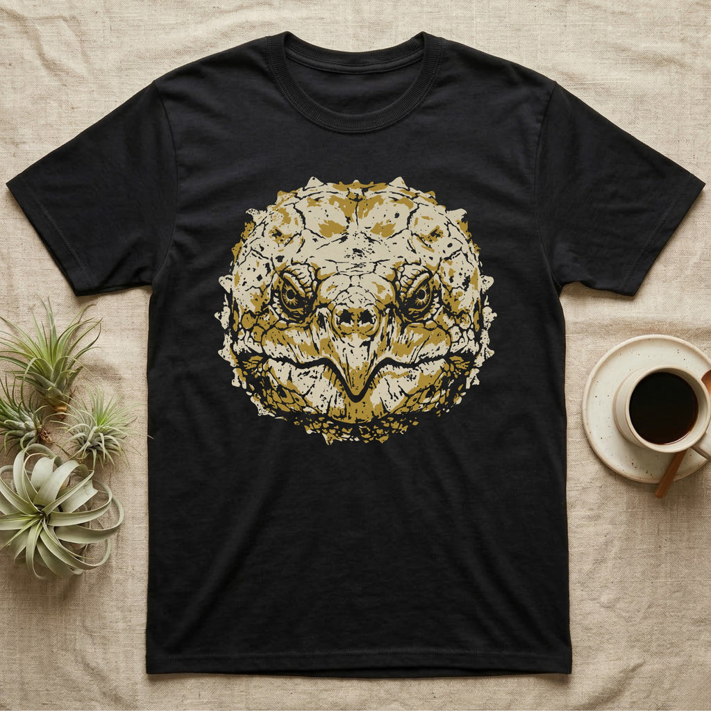 Alligator Snapper Face T-Shirt in Black — Two-ink stencil of an alligator snapping turtle face, head-on, hooked beak closed, olive-gold eyes on black.