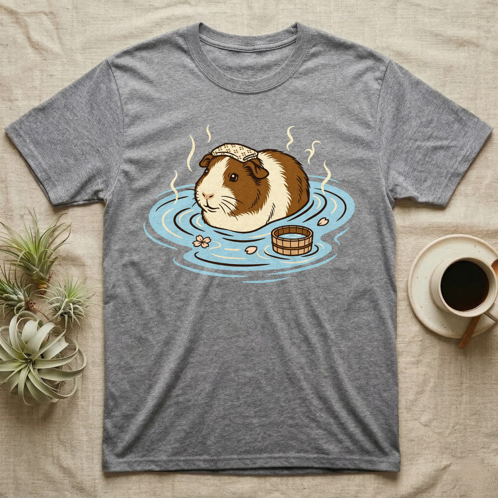 Guinea pig relaxing in a hot spring with a small wooden bucket.