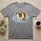 Guinea pig relaxing in a hot spring with a small wooden bucket.