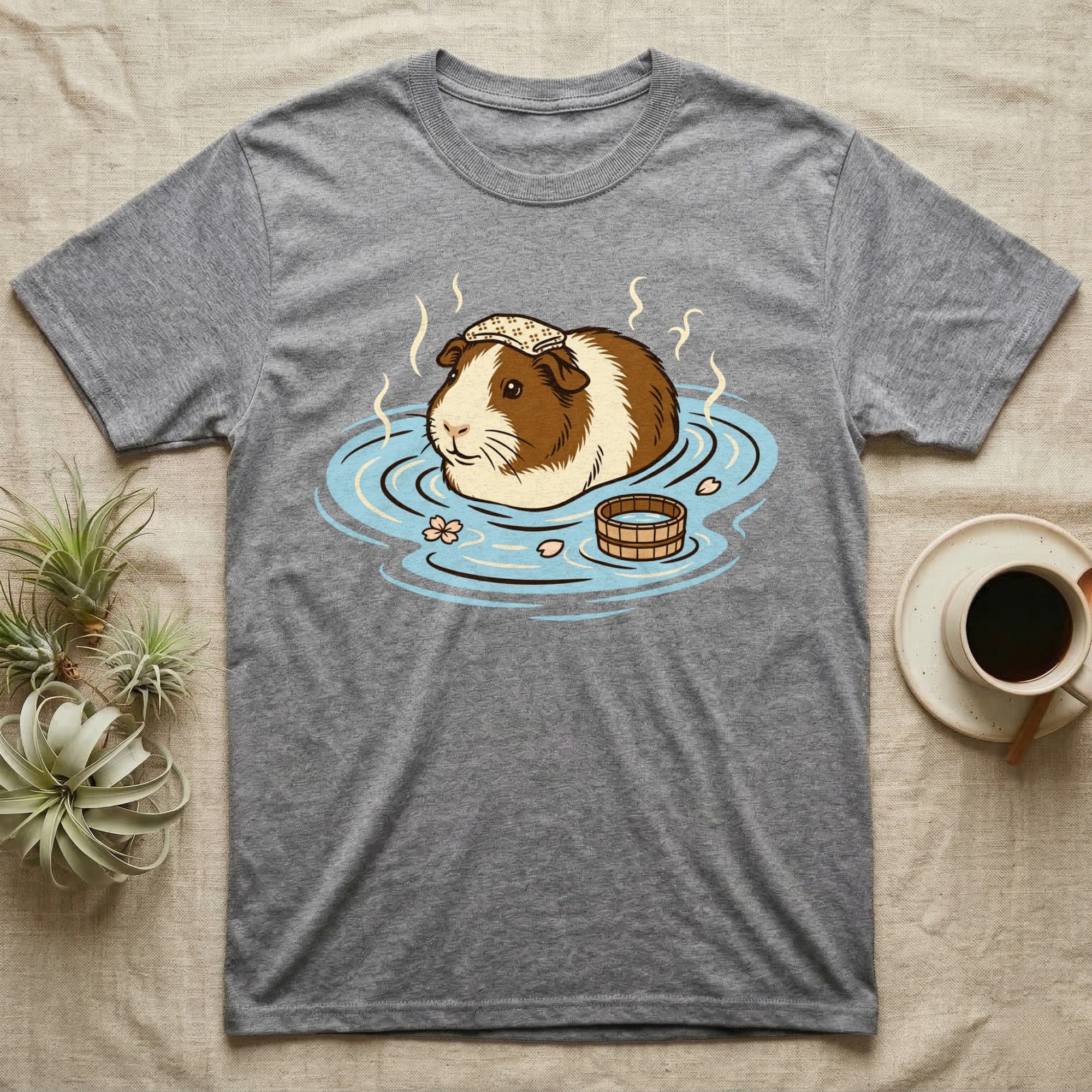 Guinea pig relaxing in a hot spring with a small wooden bucket.