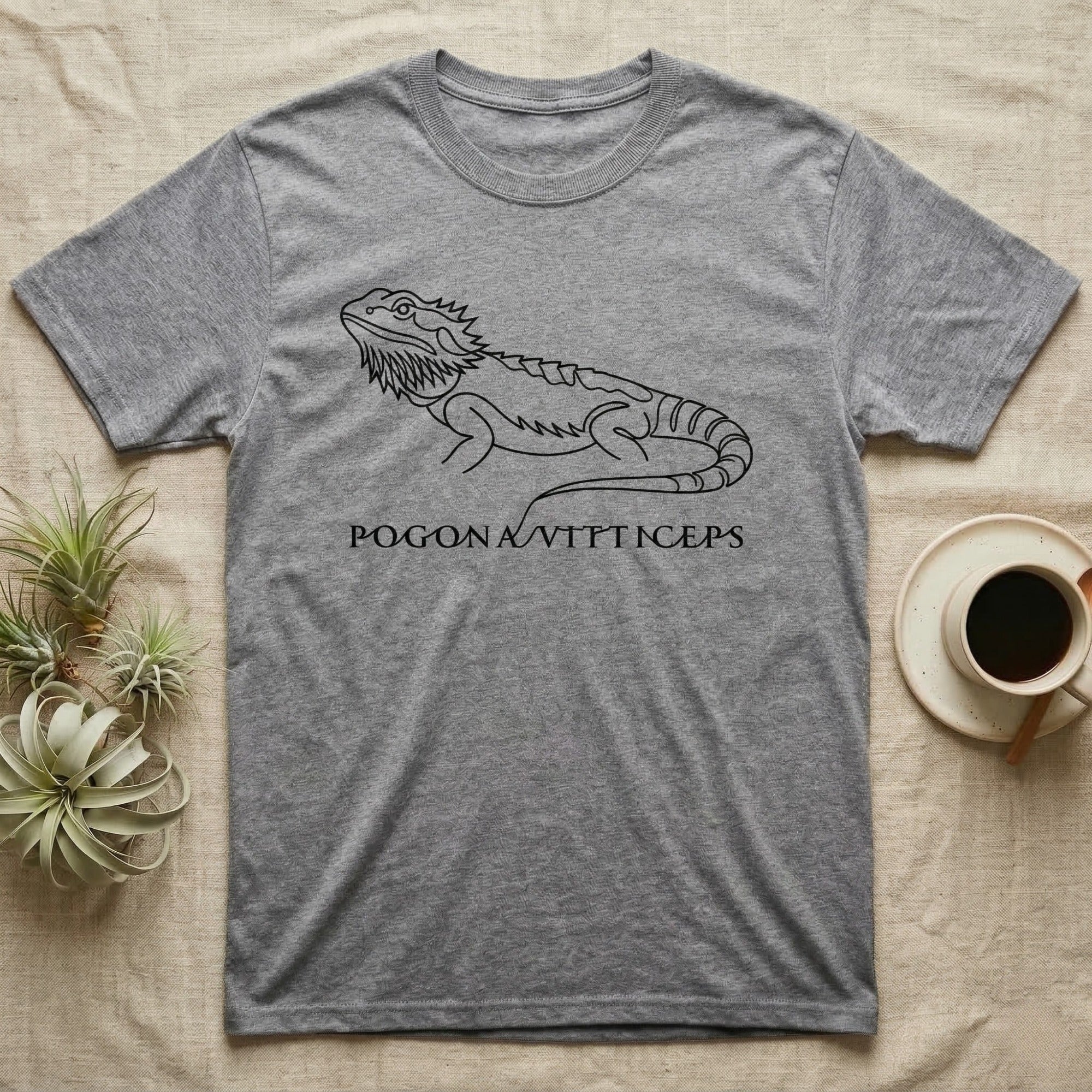 Grey t-shirt with line drawing of a bearded dragon and text "POGONAVITTICEPS".