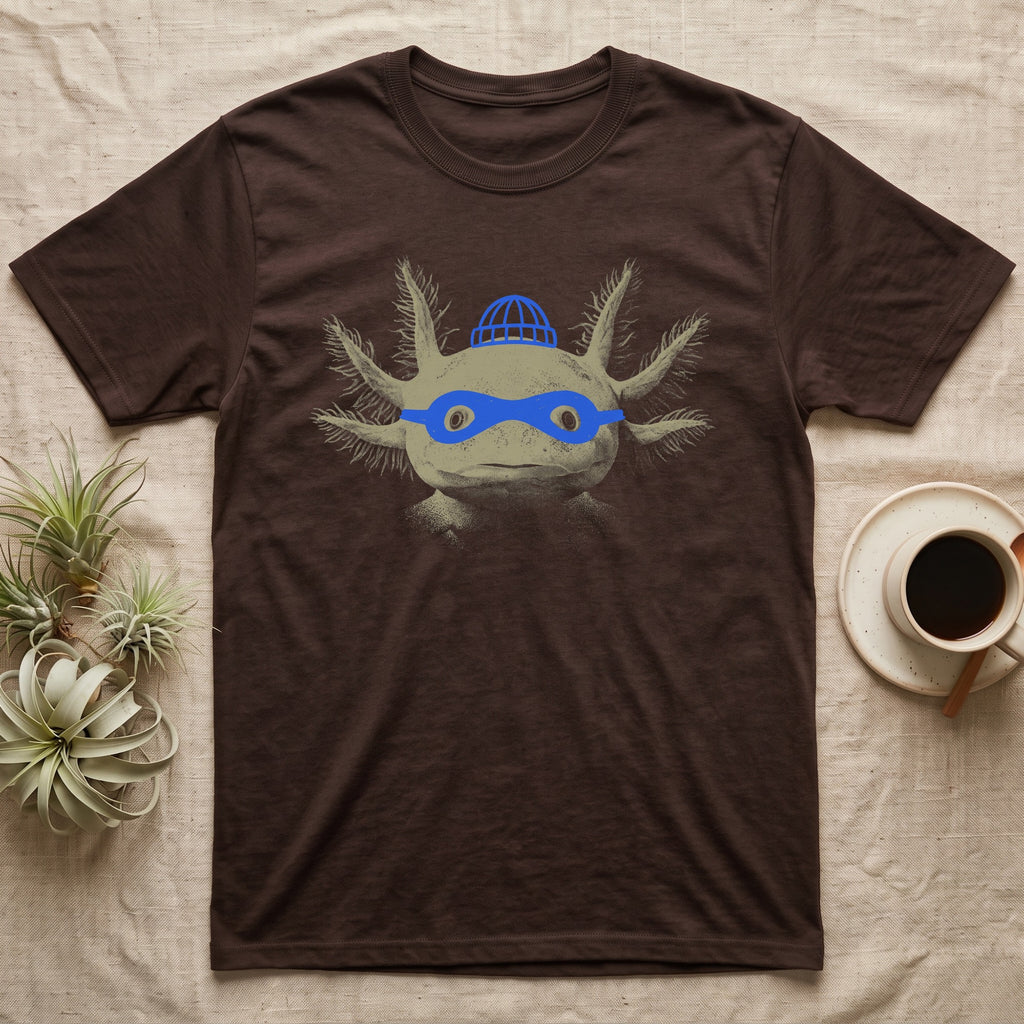 Axolotl Robber Mask T-Shirt in Dark Chocolate — An axolotl's face with a blue marker burglar mask and beanie drawn on the glass.