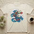 Lobster in a wave graphic on a cream t-shirt.