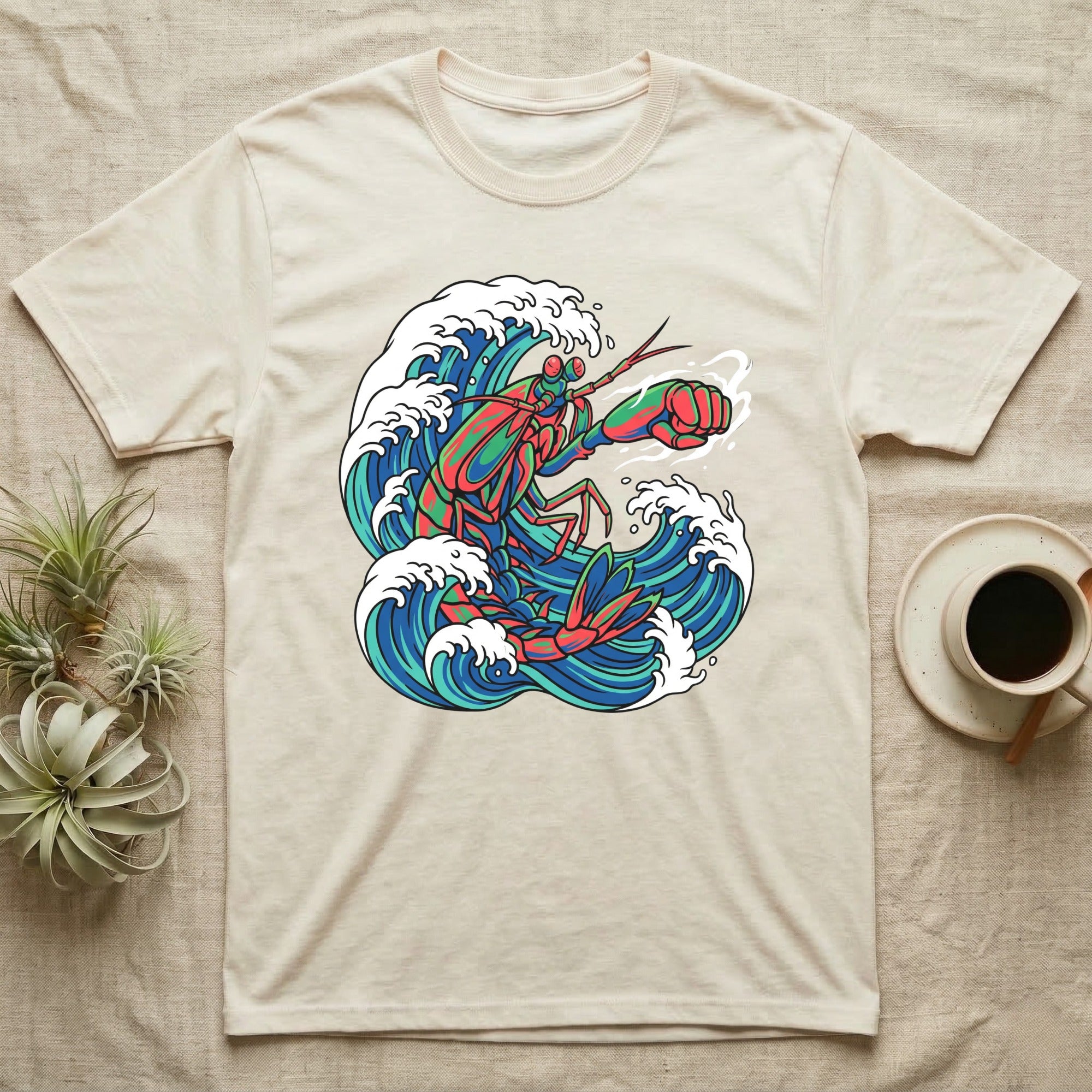 Lobster in a wave graphic on a cream t-shirt.