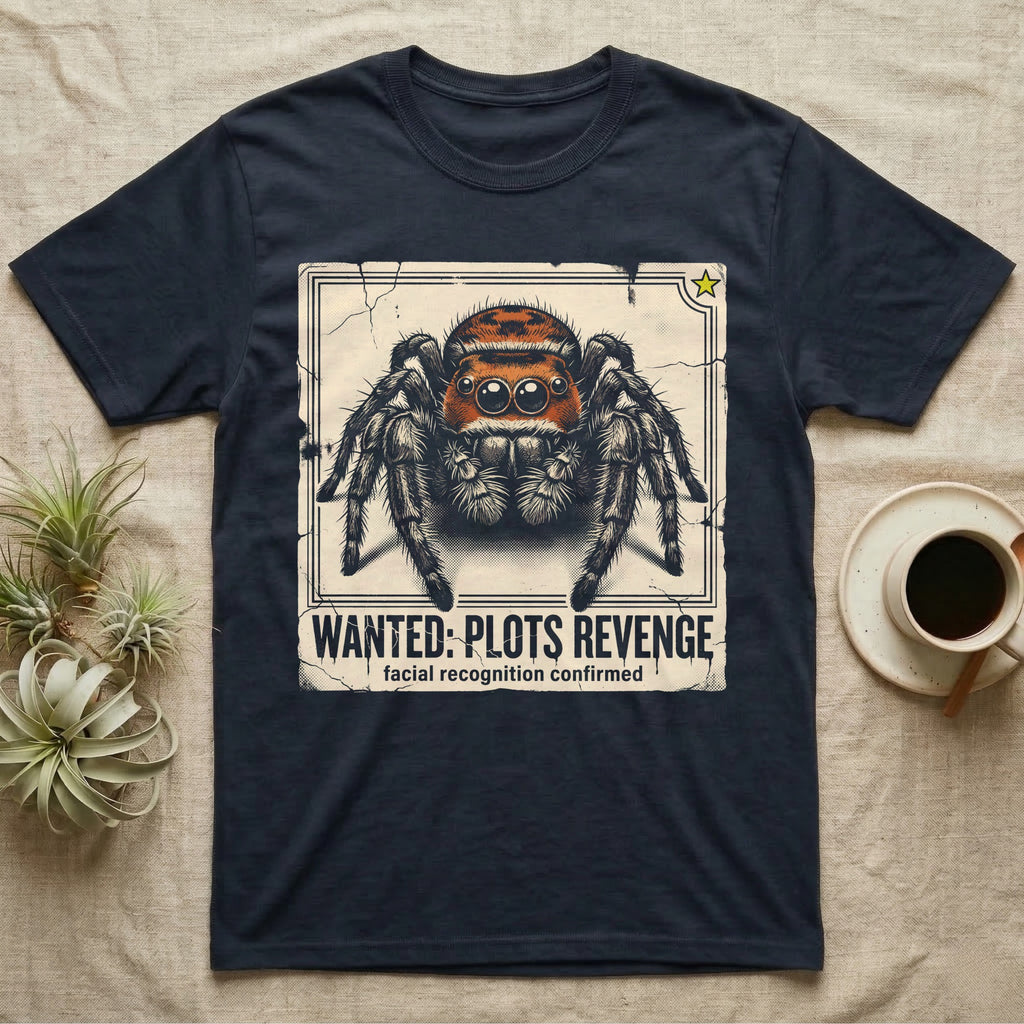 Jumping Spider Wanted T-Shirt in Navy — Distressed wanted-poster illustration of a front-facing jumping spider with the banner text plots revenge below.