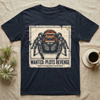 Jumping Spider Wanted T-Shirt in Navy — Distressed wanted-poster illustration of a front-facing jumping spider with the banner text plots revenge below.